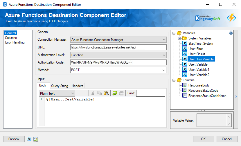 SSIS Azure Functions Destination Component Editor - General